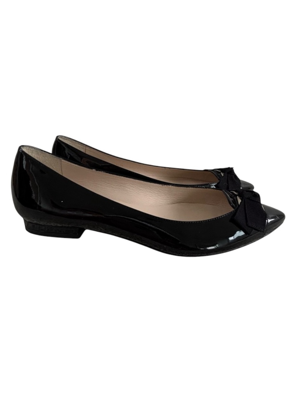 LK Bennett Black Patent Pointed-Toe Bow Flats with Silver Accent, Sz 8